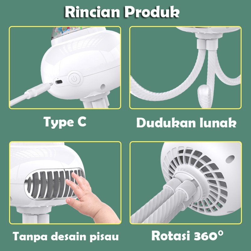 CORN Tingkatkan Bayi Kipas Angin Mini Portable 3600mah Kipas Angin Bisu Mini Fan USB RECHARGEABLE 3-Speed Angin Super Micro-USB Bentuk Gurita Mendukung Kereta Dorong Bayi