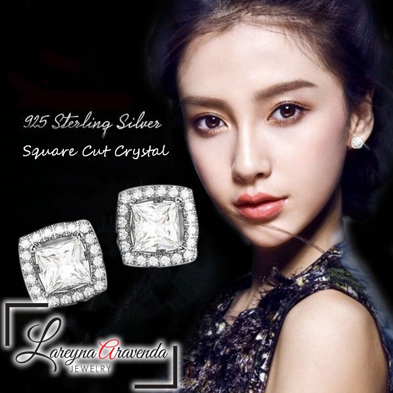 Anting Korea Wanita Perak S925 Model Square Cut Kristal Crystal Mewah AT035