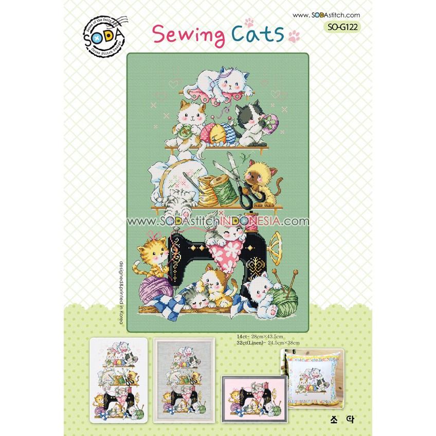 Paket DIY Craft Sulam Kristik Strimin Cross Stitch Sodastitch SO-G122 - Sewing Cats Kucing Jahit