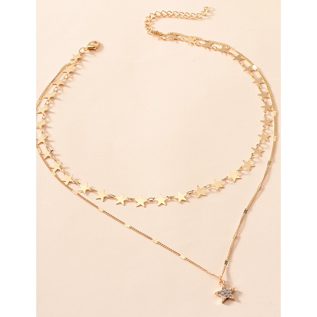 LRC Kalung Fashion Gold Color Alloy Double-layer Diamond Five-pointed Star P82897