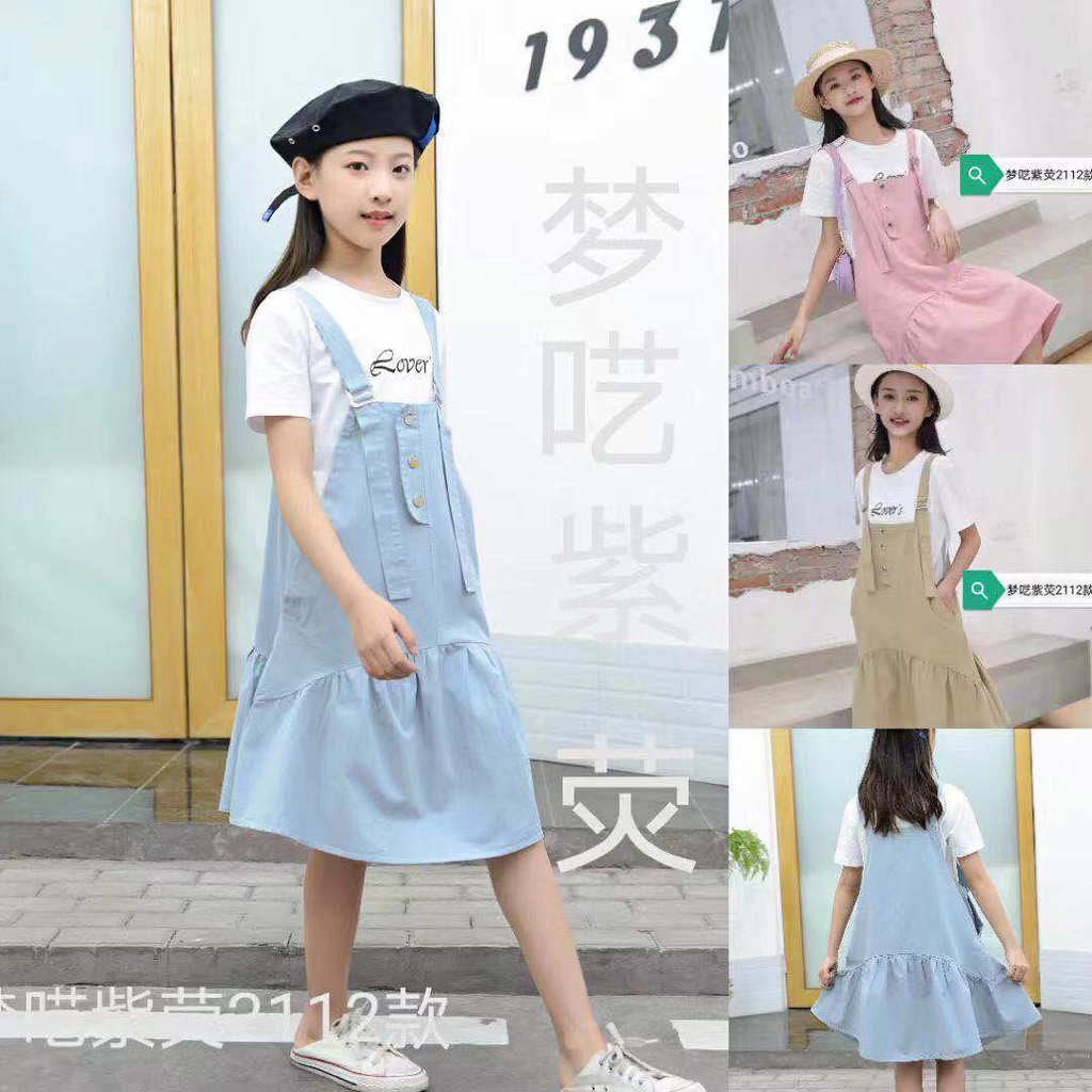 Baju Dress Set Kodok Overall Anak Perempuan Tulisan Lover Korea Style Import Premium Umur 7-11 Tahun