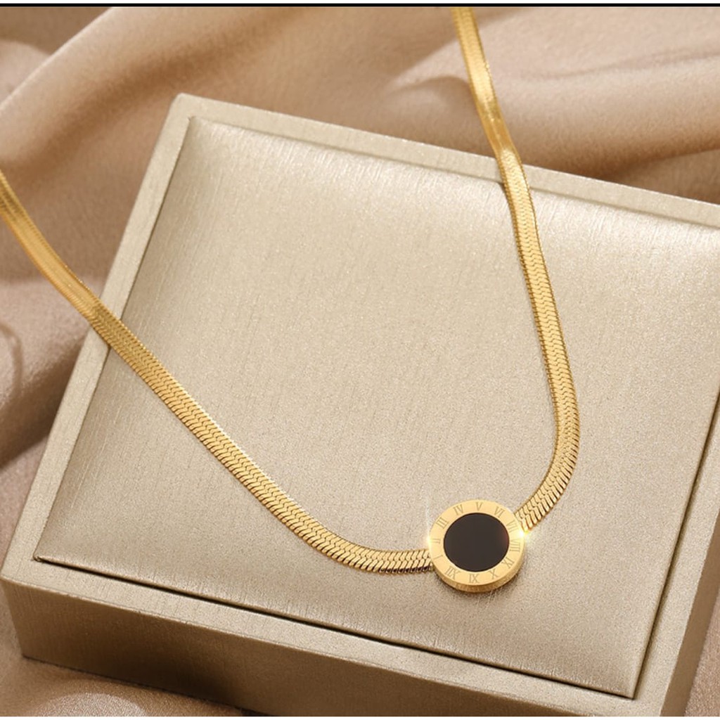 Kalung Titanium Bulgari Pipih Gold Anti Karat Selamanya