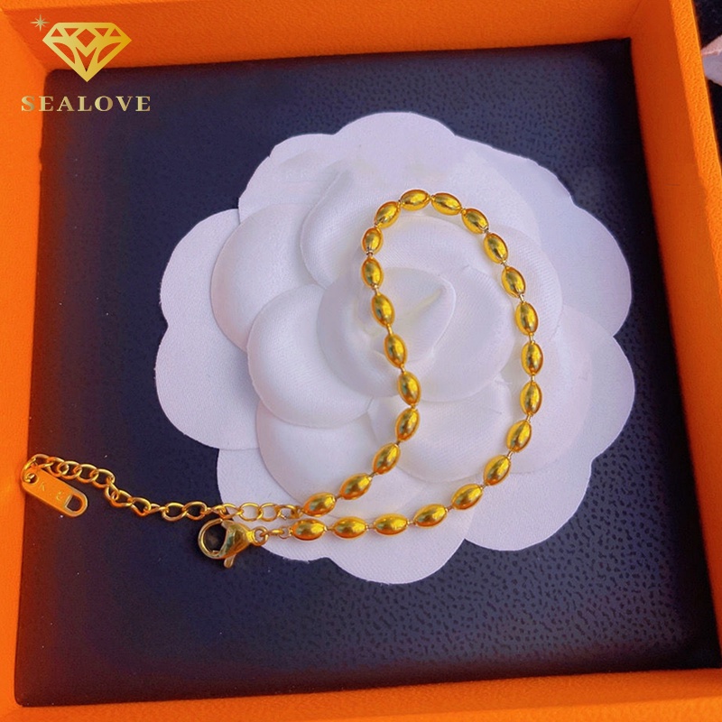 SEALOVE Gelang Titanium simple Manik Emas 18K Cantik Anti Karat dan anti luntur Perhiasan Aksesoris Wanita