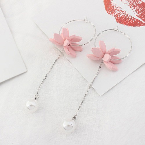 LRC Anting Hoops Fashion Flower&amp;pearls Decorated Long Earrings