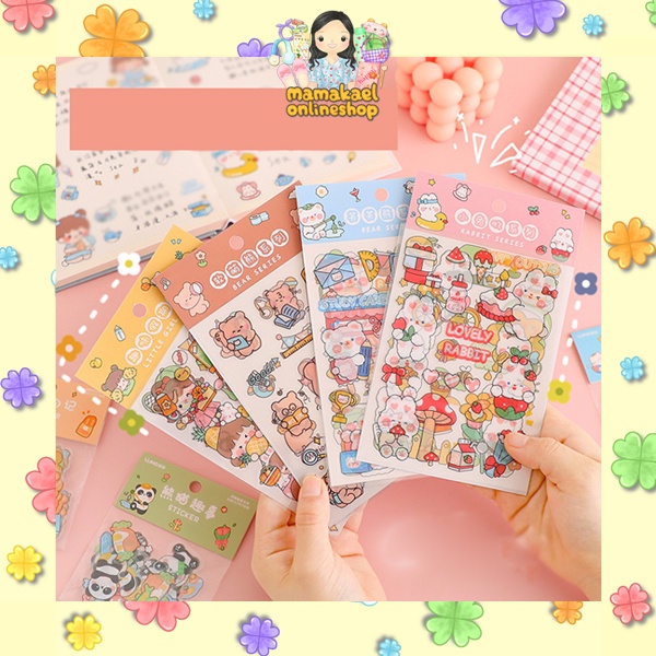 

1 set isi 40 pcs sticker karakter lucu cute empat warna four color series beruang bear rabbit DIY deco stiker planner jurnal scrapbook MK1342