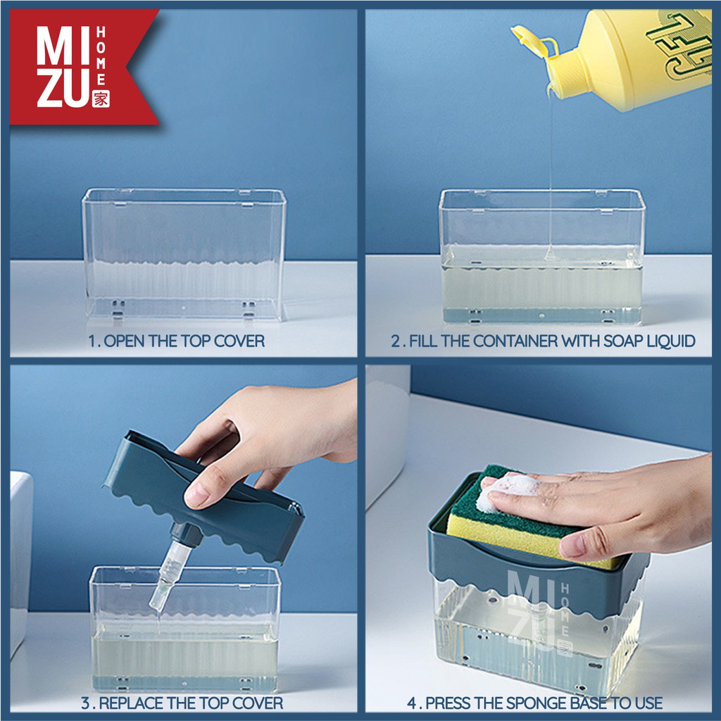 MIZU EPONGE 2in1 Pompa Sabun Sponge Pump Soap Dispenser & Tempat Pengering Sponge Holder-2