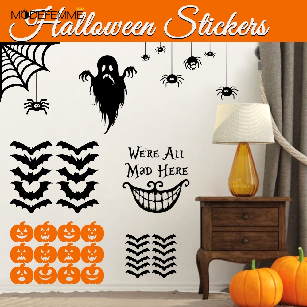 Stiker Dinding Decal Desain Hantu Kelelawar Labu Laba-Laba Untuk Halloween  Aksesoris Tulisan We 'Re All Mad Here Untuk Dekorasi Pesta