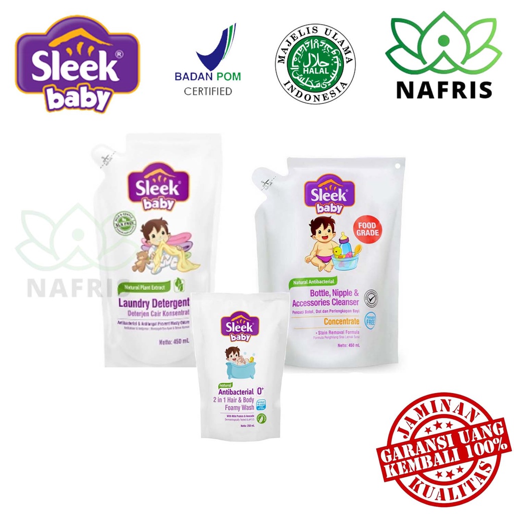 ♥️Nafris♥️Sleek Baby Bottle Nipple &amp; Accessories Cleanser Pouch|Laundry Detergent Pouch 450ml|Refill Anti Bacterial 2 IN 1 Hair &amp; Body Foamy Wash 250mlSabun Bayi