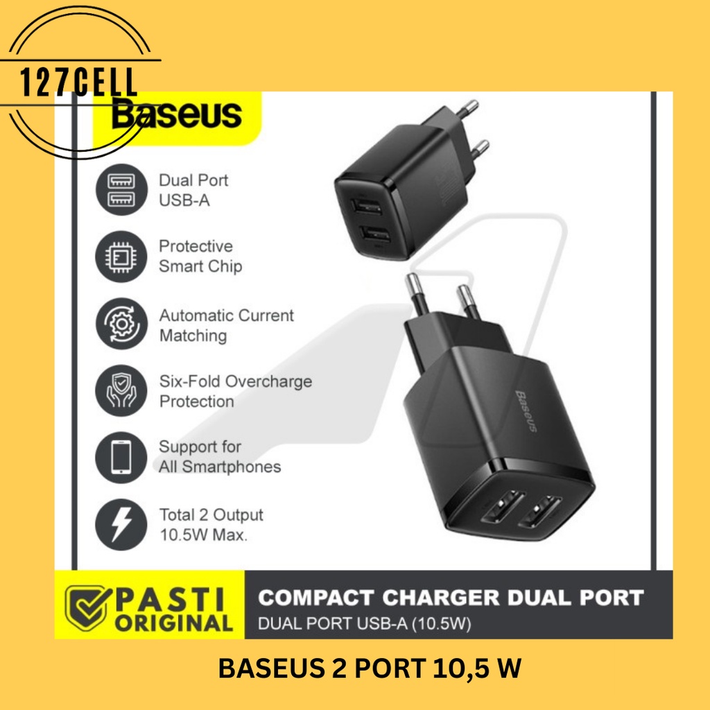 BASEUS KEPALA CHARGER MINI DUAL PORT USB CHARGER 10.5W COMPACT ADAPTOR FAST CHARGING FAST CHARGER PENGISIAN CEPAT