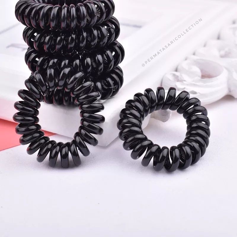 Ikat Rambut Elastis / Kunciran Spiral / Kuncir Kabel Telepon / Hair Ties Telephone Hitam Kecil Besar