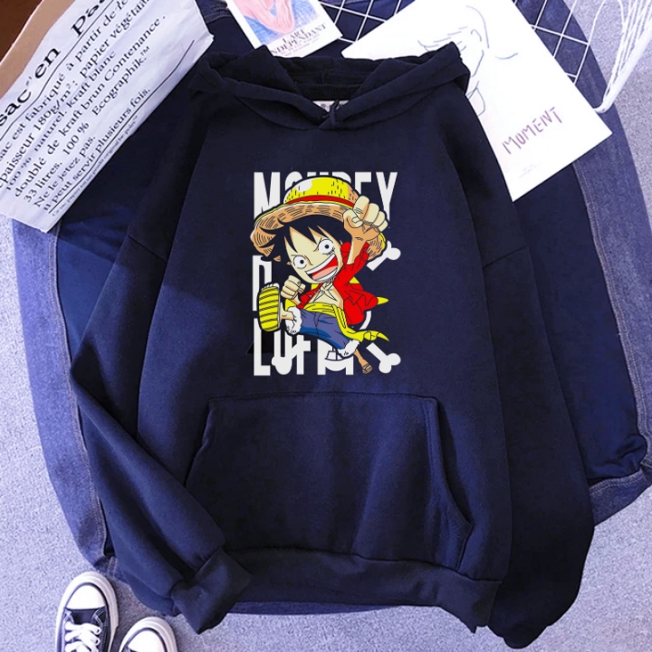 Hoodie Jumper Dewasa Anime One Piece Monkey D Luffy LF001 Print DTF Bahan Fleece Tebal Halus