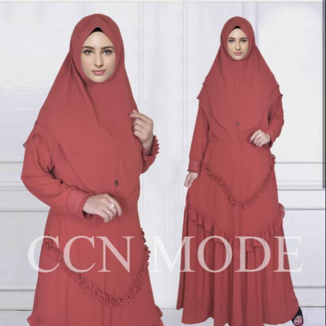 Gamis syari ceruty babydoll merah bata