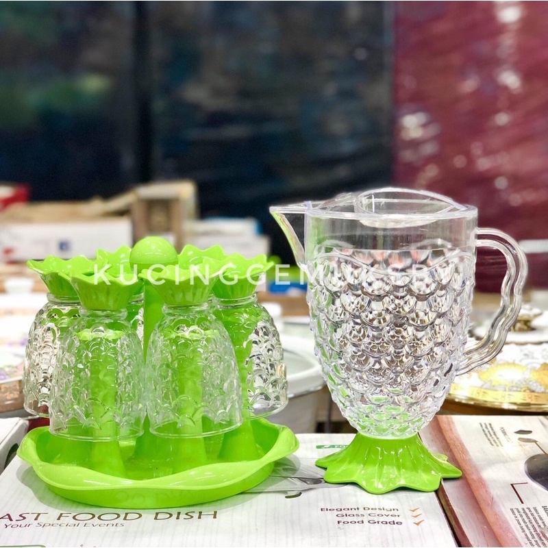 Gelas Set + Rak + Teko Kan Air Mika Akrilik Acrylic model Ikan Nanas Hijau Golden Sunkist KAMI 3025,