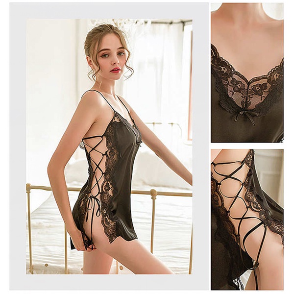 Sexy Lingerie Set Babydoll V Neck Baju Tidur Suspender Open Renda celah Samping Malam Import 3A512
