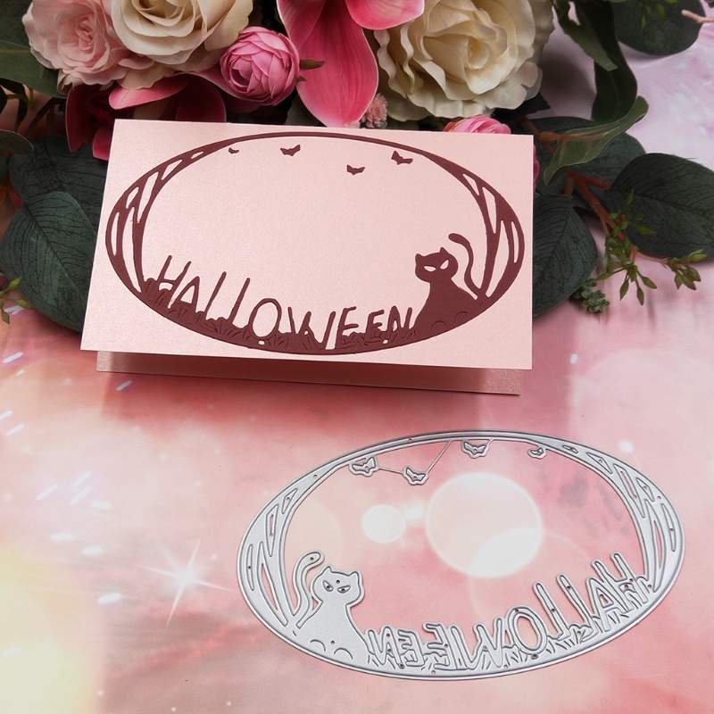 Cetakan Stensil Cutting Dies Motif Kucing Halloween Bahan Metal Untuk Scrapbook / Craft DIY / Embossing