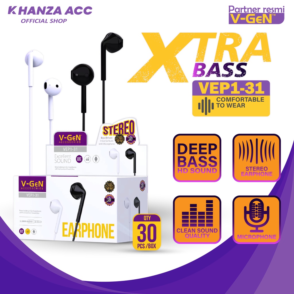 KHANZAACC VGEN VEP1-31 Wired Earphone Xtra Bass Ecer 1 Pcs Non Packaging