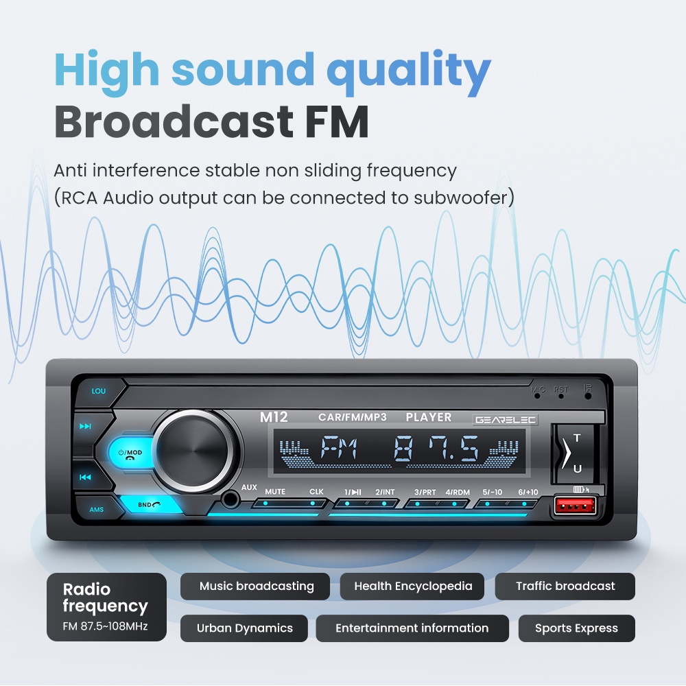 M12 Single Din Car Stereo Radio 1Din Bluetooth 5.0 AUX Input TF USB Head Unit Receiver Mendukung Kontrol Aplikasi Asisten Suara