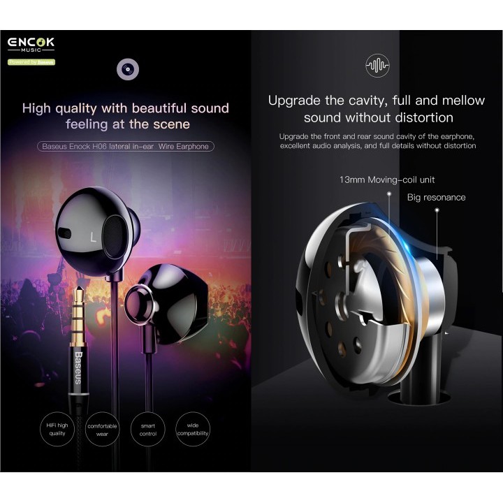 BASEUS ENCOK H06 - 3.5mm In-ear HIFI 6D Stereo Bass Wired Earphone