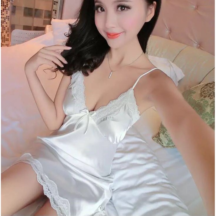 BRI* BT003 Baju Tidur Piyama Wanita Korea Sexy Mini Dress Women Silk Satin Nightdress cod-PUTIH