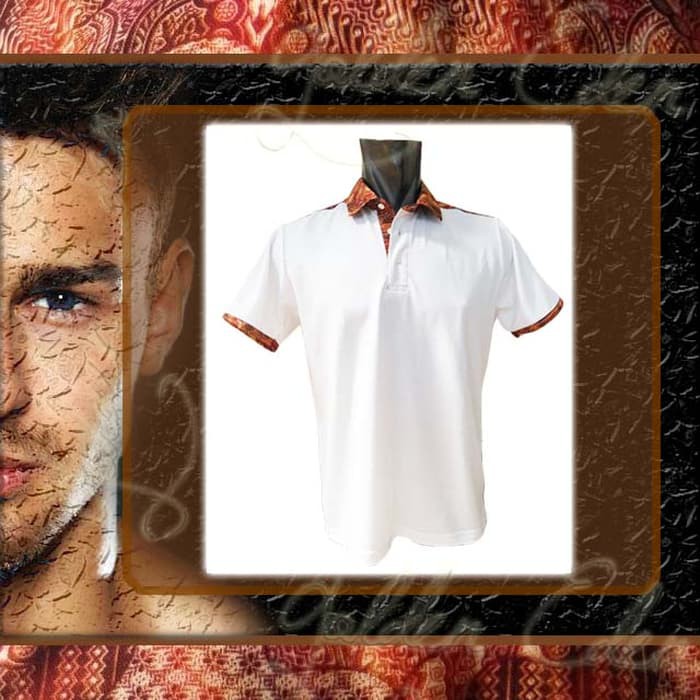 Polo Shirt Pria-Batik Aksen Merah Kuning-Kaos Kerah-Lacoste Putih