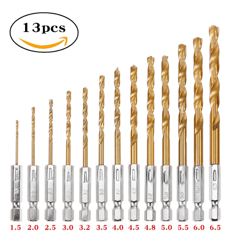 13PC 13PCS Titanium Coated Iron Metal Soft Steel HSS Twist Drill Bit Set Metal Power Tools Accessories 1/4&quot; Hex Shank