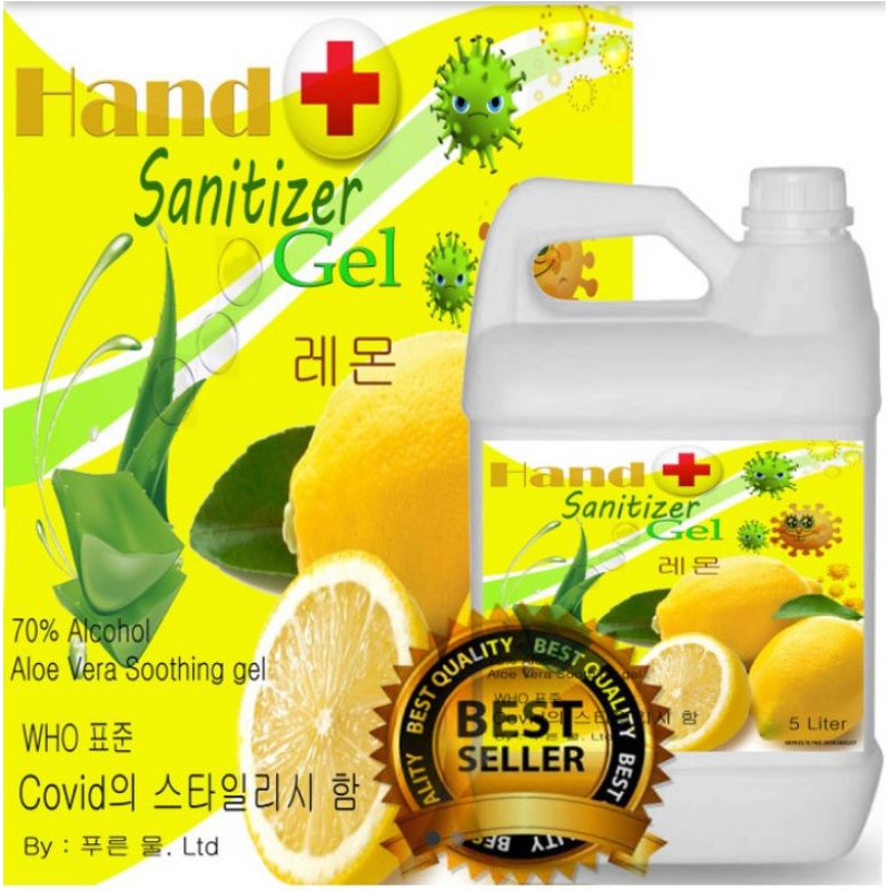 Hand Sanitizer 5 liter gel aroma lemon yang segar dengan alkohol 70% bebas kuman lembut di tangan RS1533