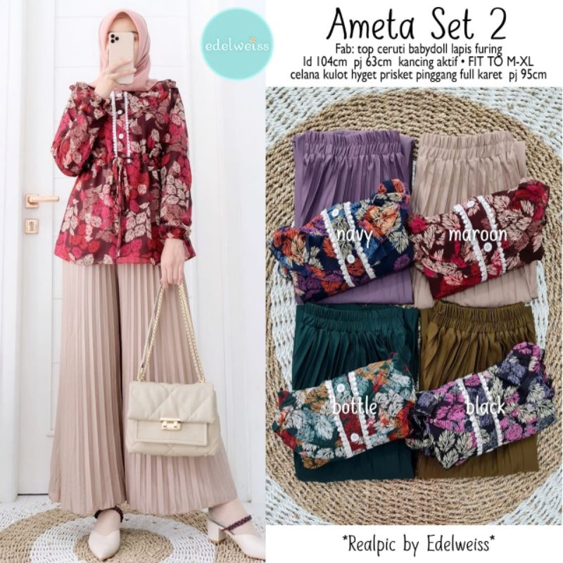 SETELAN BLOUSE BUNGA + KULOT PLISKET POLOS AMETA SET 2 BY EDELWEISS