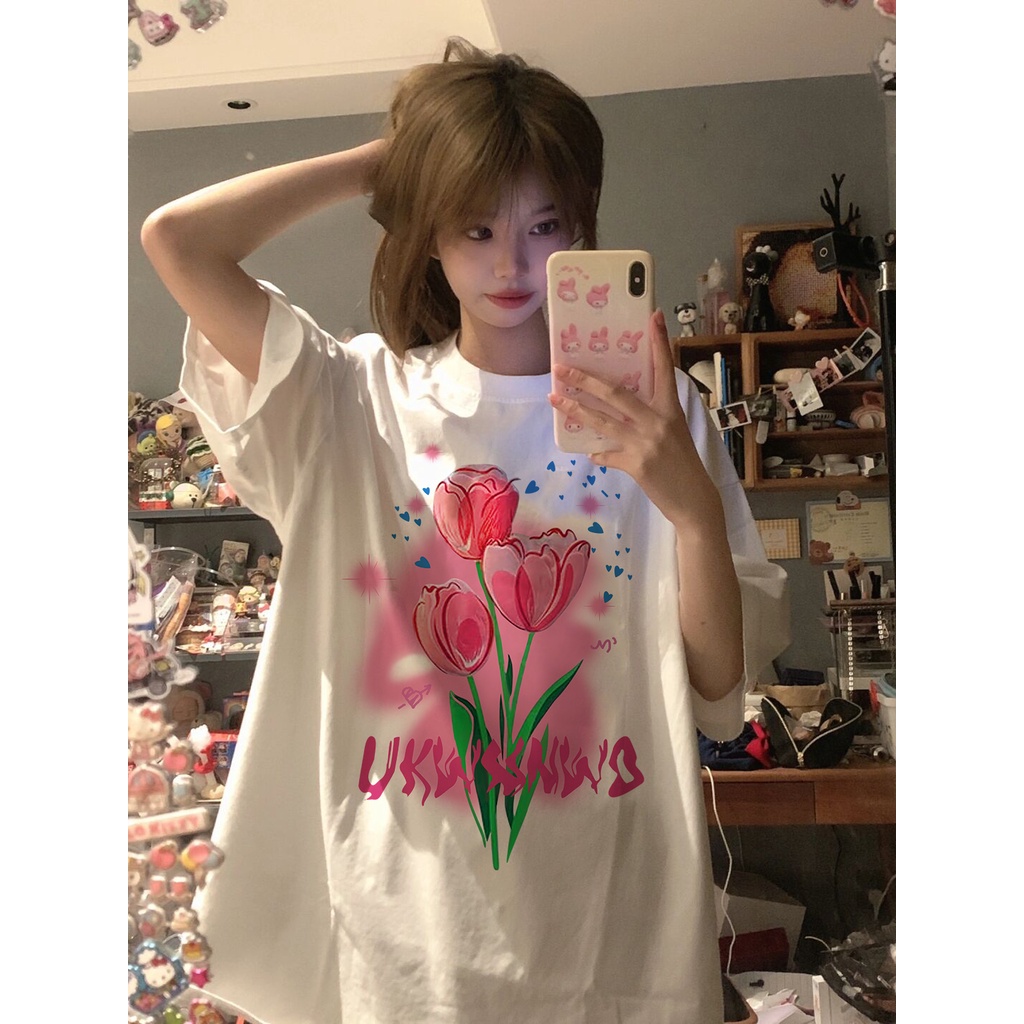 EUNII T-shirt Lengan Pendek Cetak Tulip Korean Style/Kaos Atasan Wanita/Baju Kaus Oversize Wanita