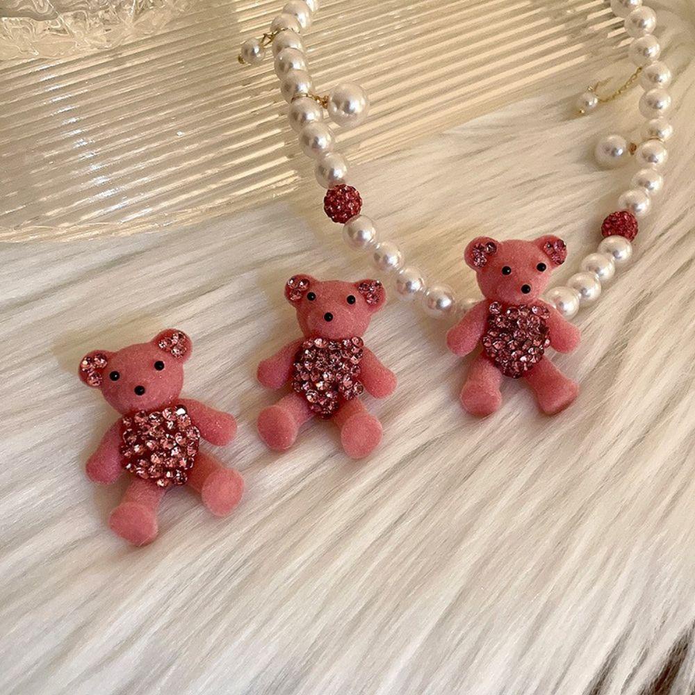 NEEDWAY Flocking Bear Earrings Necklace Sweet Niche Design Sense Hadiah Anniversary Perhiasan Fashion Mutiara Imitasi Anting Hati Merah Muda