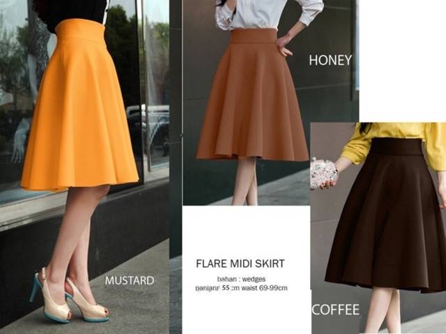 FLARE Midi skirt rok 7per8 rok wedges hitam putih kantor karet