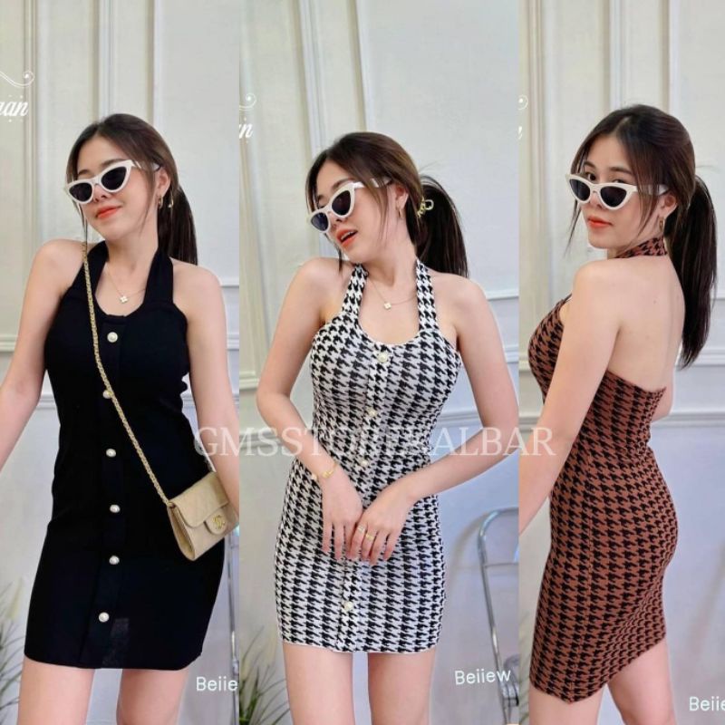 [Import BKK] Halter Neck HoundStooth Knit Crop tank Top Korean Style Outer tengtop halterneck rajut 