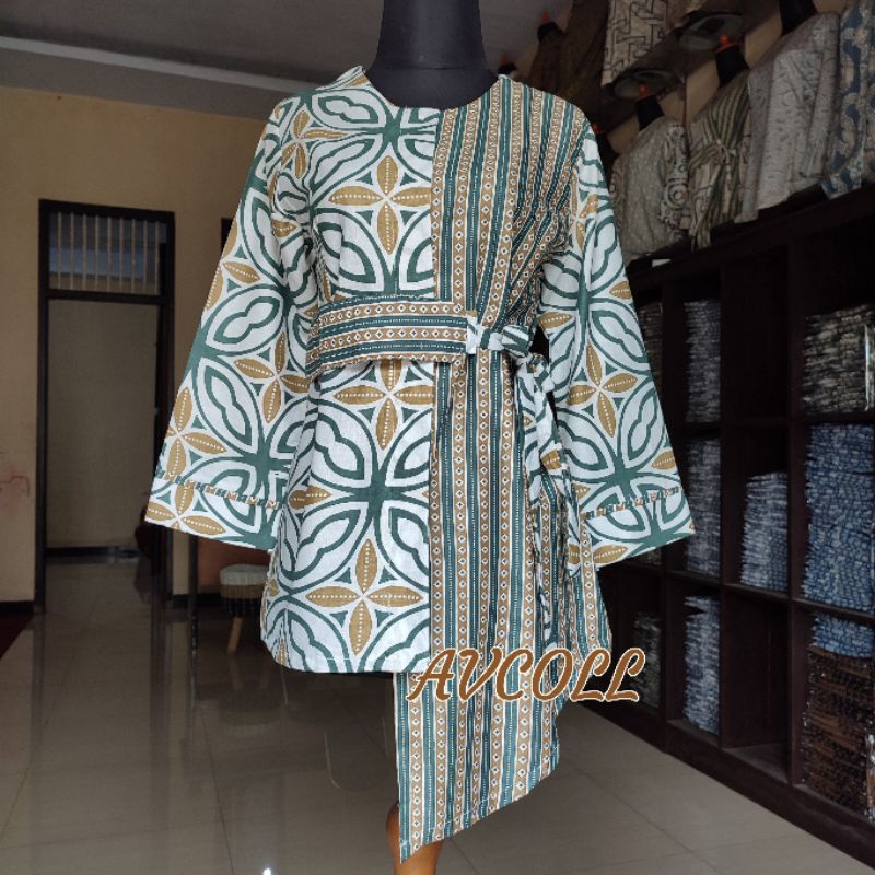 tey-17 Batik wanita ASJ SA HRB026 Kenongo Kemeja Tosca Pendek-Kawung hijau