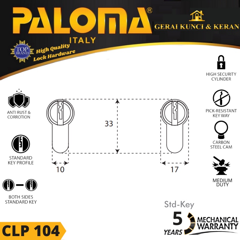 DOUBLE CYLINDER ANAK KUNCI PALOMA CLP 104 DC-SK  60mm STD KEY 6CM