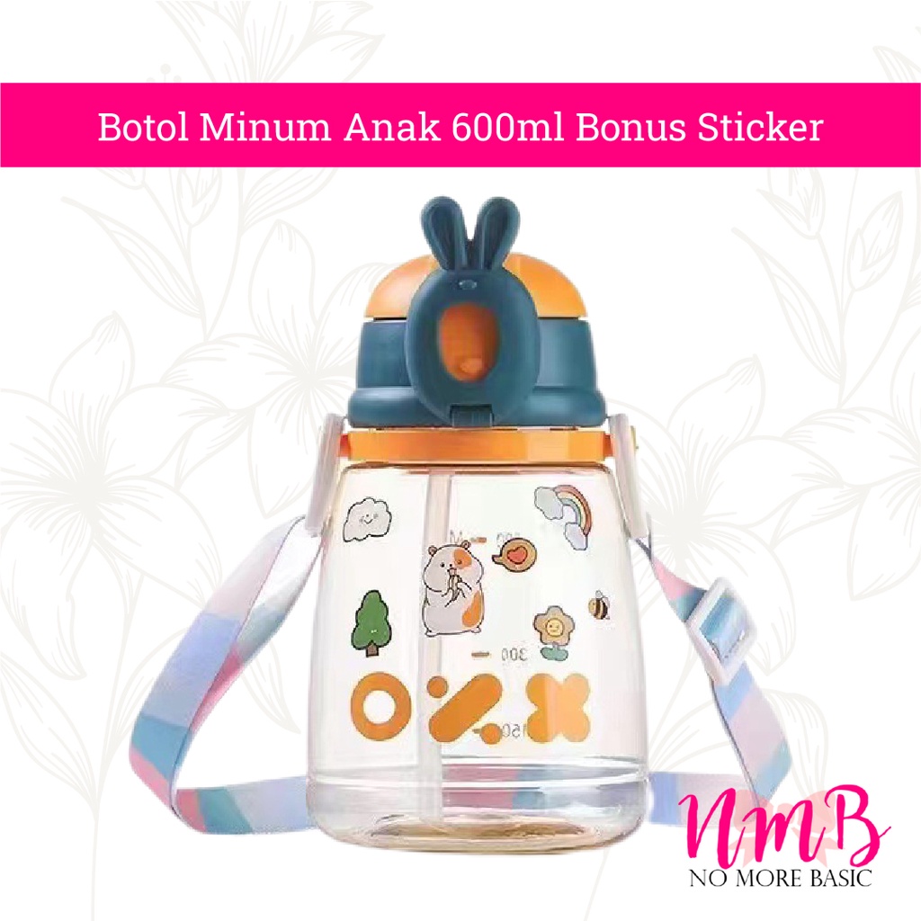 Botol Minum Anak 600ml Bonus Sticker Dengan Gagang Sedotan Karakter Kartun