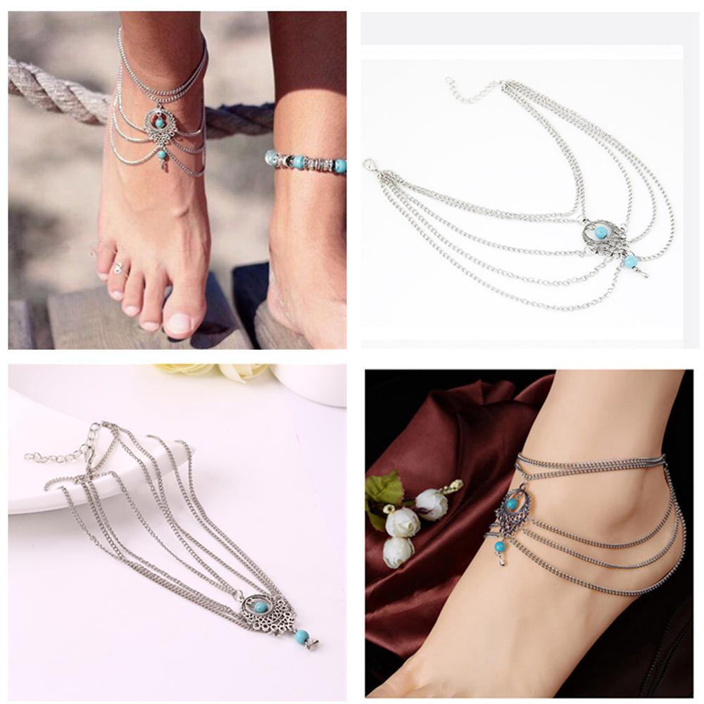 Solighter Gelang Kaki Baru Bohemia Fashion Rantai Tipis Aksesoris Etnik Rantai Tebal Drop Chain Hollow Perhiasan Pirus Liontin Perak Kaki