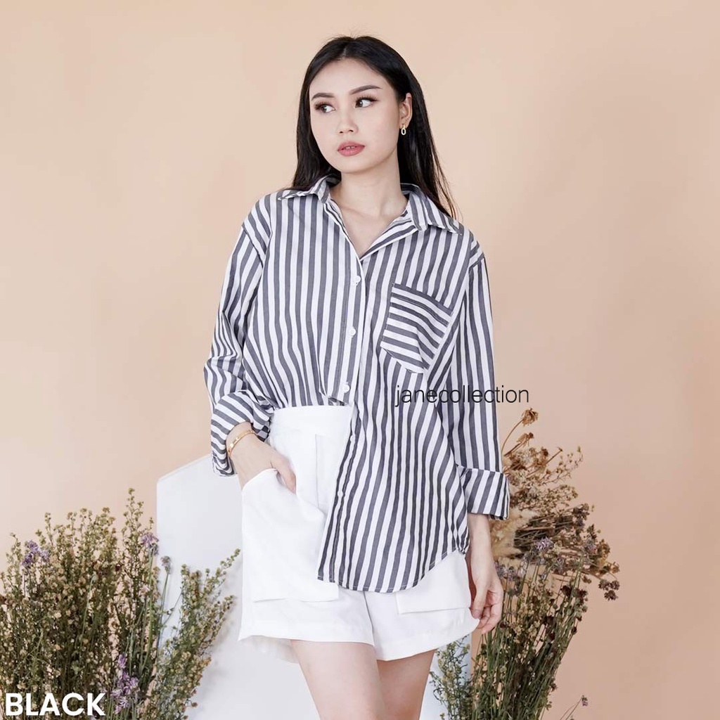 JANE COLLECTION || Kemeja Wanita Oversize Lengan Panjang Kemeja Jumbo Salur Garis Katun Nabila Oversized Shirt Cotton XXXL