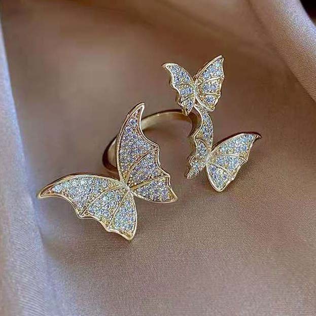 Cincin Jari Telunjuk 14K Gold Model Terbuka Desain Kupu-Kupu Aksen Zirkon Untuk Wanita