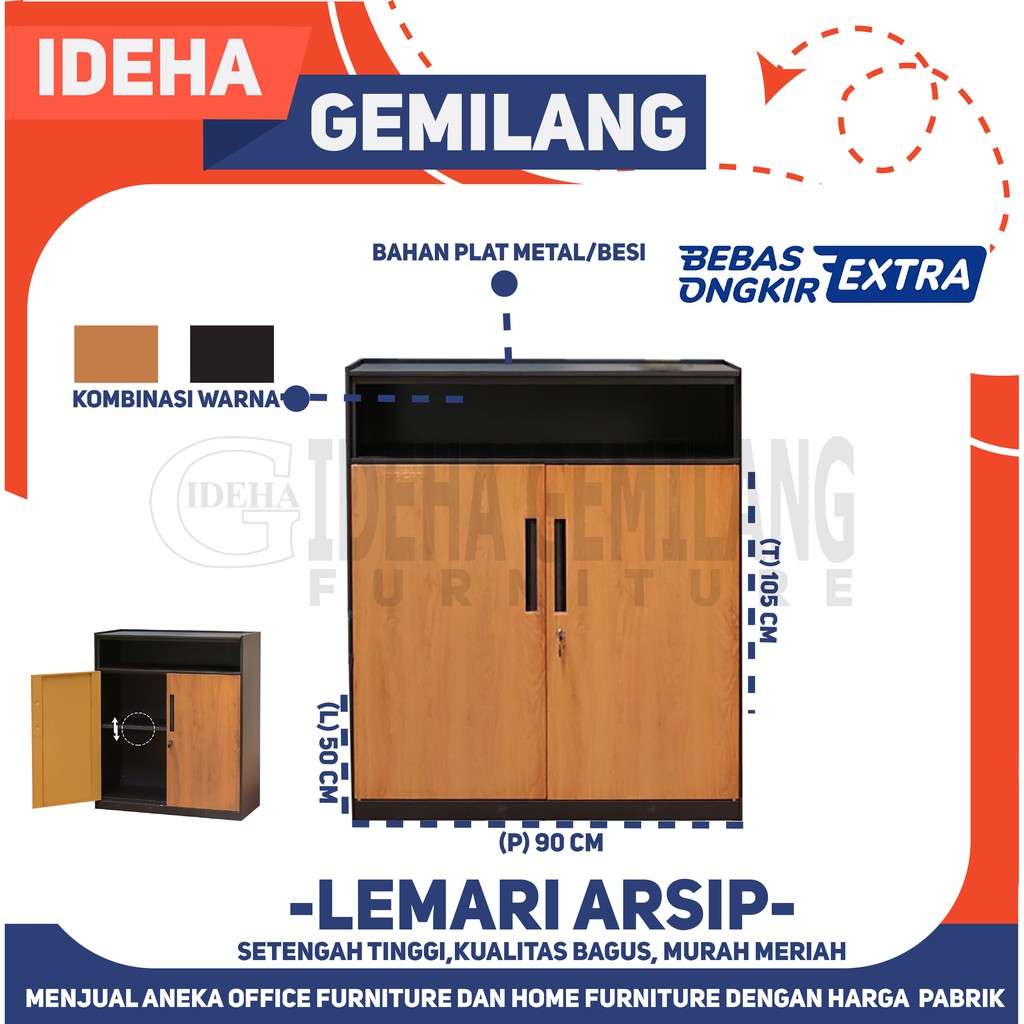 Lemari Arsip 1/2 tinggi Besi 2 pintu Motif Kayu HC1
