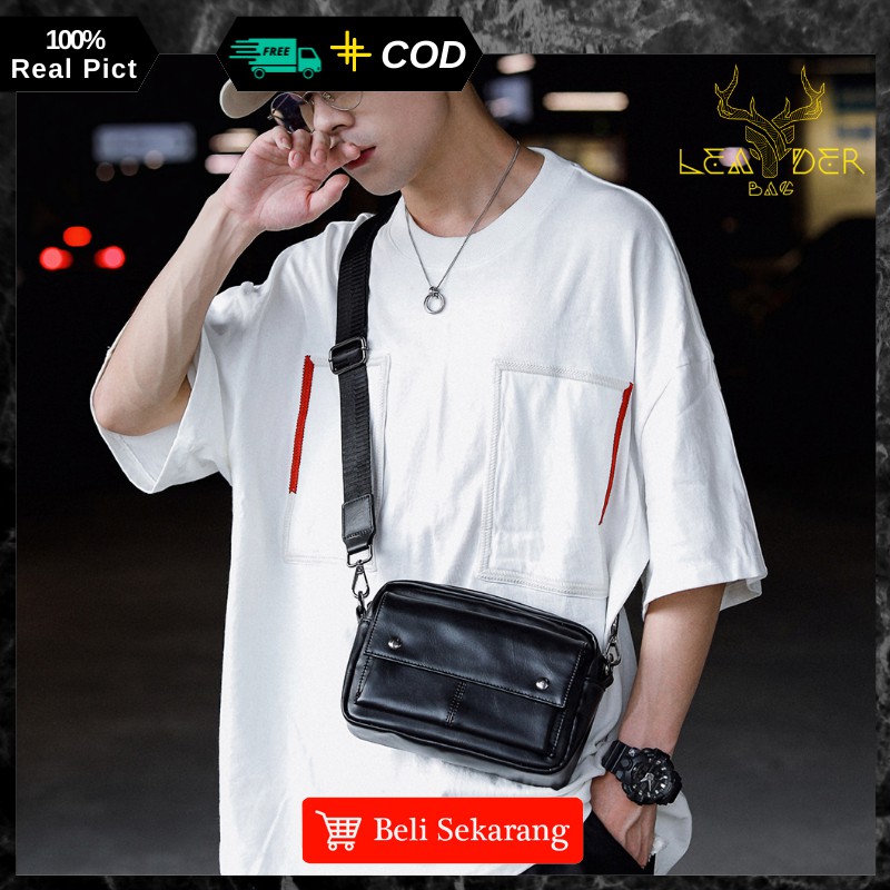 Tas Selempang Kulit Cowok Original Model Terbaru Warna Hitam Atau Tas Kulit Pria Import Waterproof