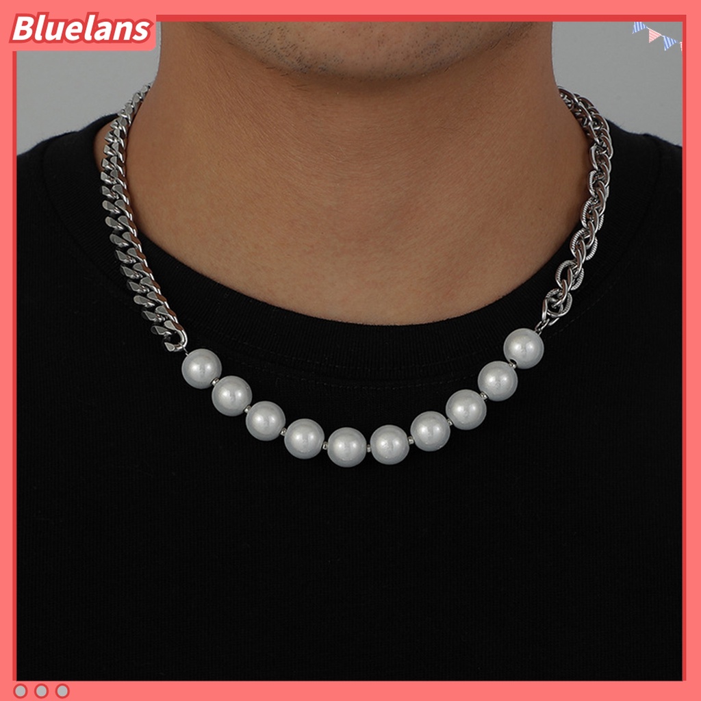 Kalung Choker Bahan Stainless Steel Polished Aksen Mutiara Imitasi Untuk Pria