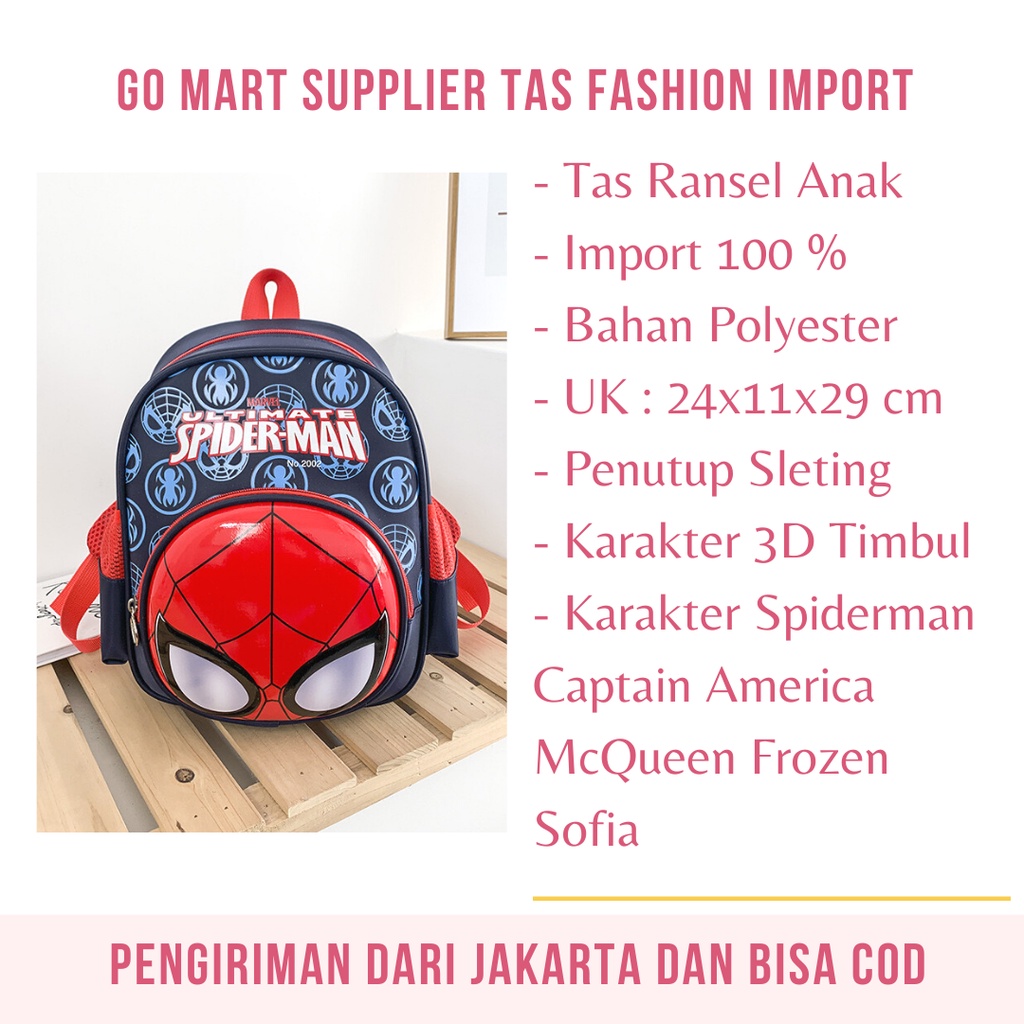 Tas Anak Sekolah Import Karakter Lucu 3D - Tas Ransel Anak Spiderman Elsa - Tas Sekolah Anak Import Premium High Quality Terbaru -  Ransel Anak Sekolah SD dan TK - Tas Anak Karakter Captain America - Tas Anak Perempuan dan Laki Laki [BK17]