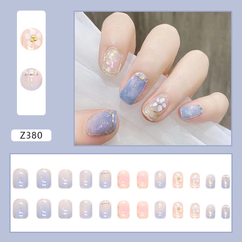 Z351-397 24pcs / Kotak Kuku Palsu Full Cover Hias Berlian Imitasi Untuk Nail Art