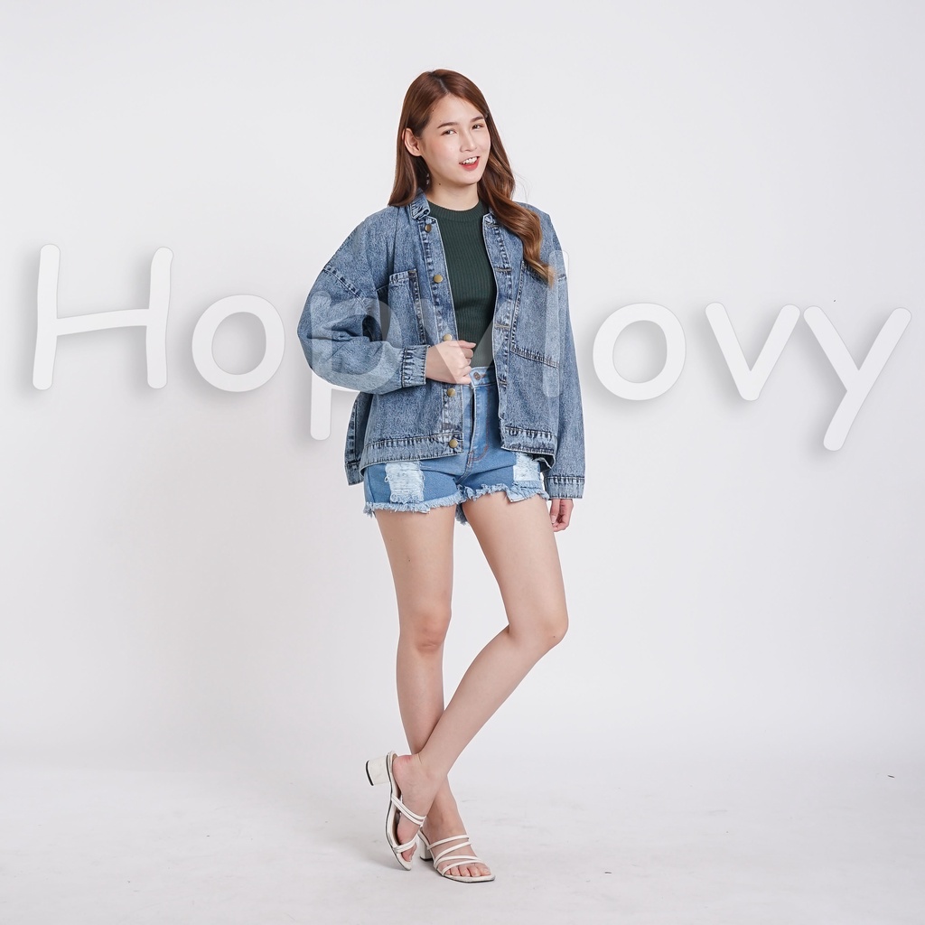 HOPYLOVY Jaket Jeans Wanita Oversize Kantong Besar Snow Acid Malorie