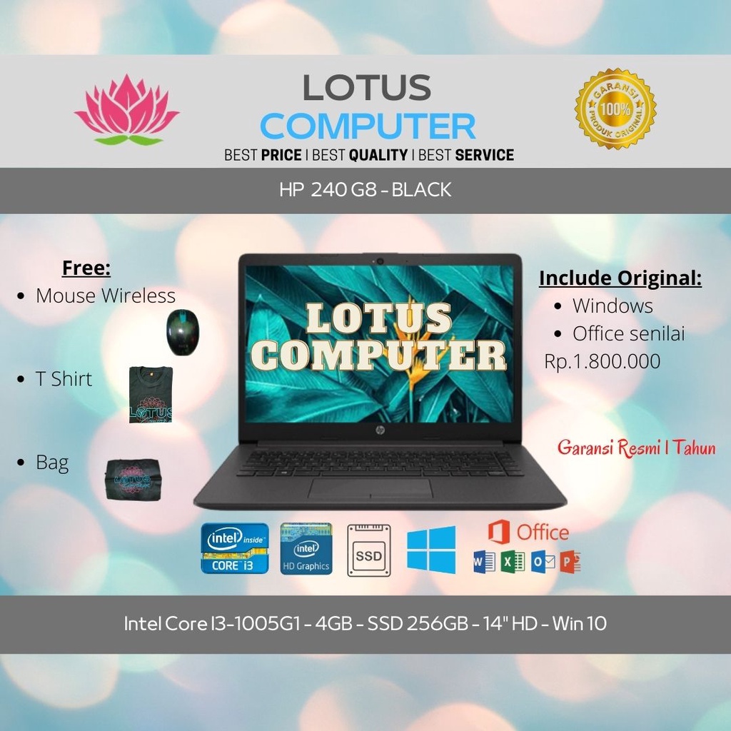 HP 240 G8/Intel Core I3-1005G1/4GB/256GB/14"HD/Win 10/Black