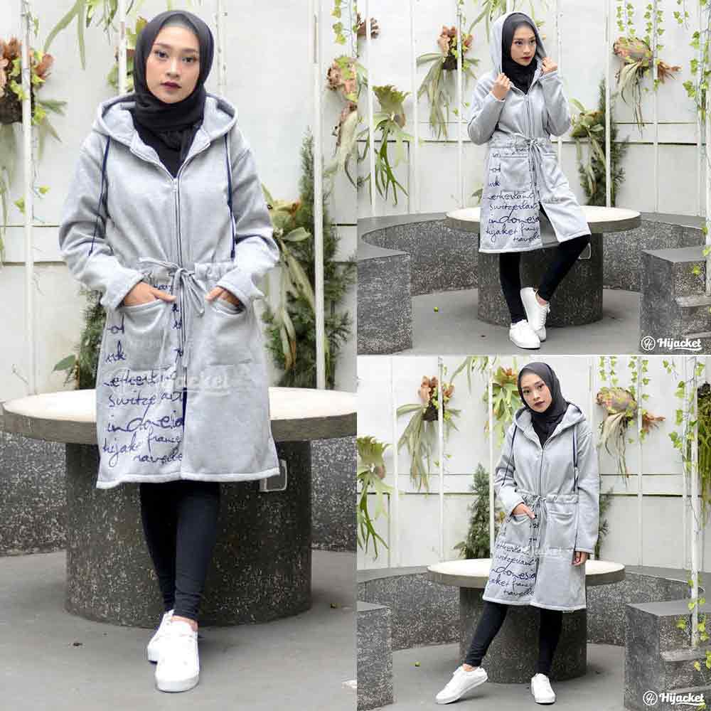 Jaket Jacket Hoodie Panjang Wanita Cewek Muslimah Hijabers Kekinian Terbaru Fleece Hijacket UB-Abu Muda