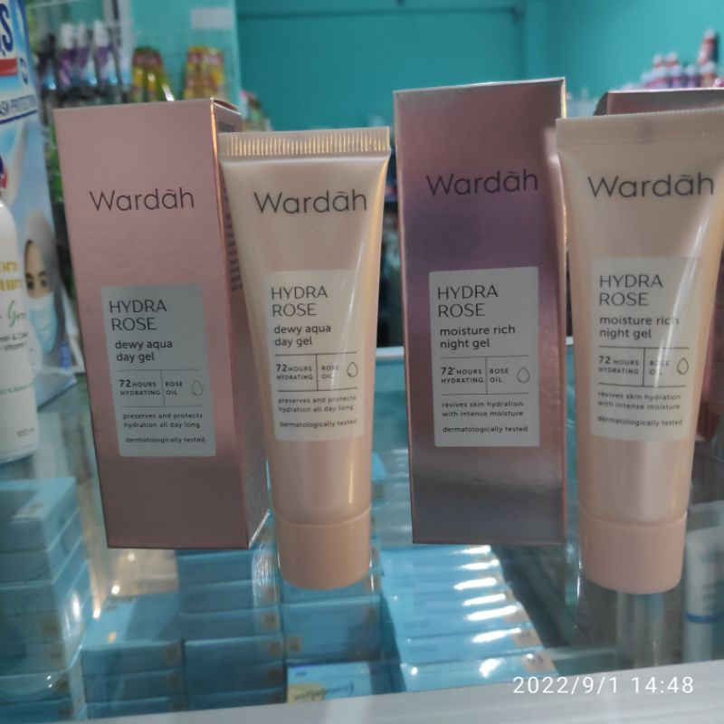 Wardah Hydra Rose Dewy aqua day Gel - Moisture Rich Night jel 17ml Pelembab Wajah Menghidrasi 72 Hours Krim Muka Rose Oil polusi udara pendingin ruangan perubahan Cuaca