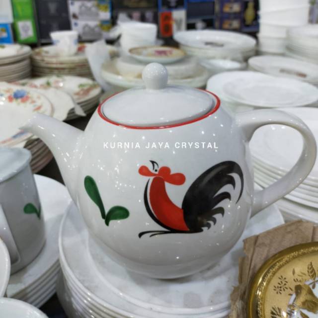 Teko Teh keramik motif ayam jago/ Teko ayam jago import/ Teko keramik import