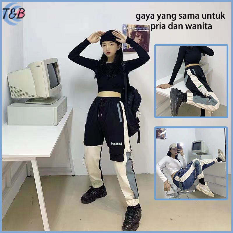 terbaru populer celana cargo unisex celana kargo pria hitam pakaian pasangan celana panjang serut bawah