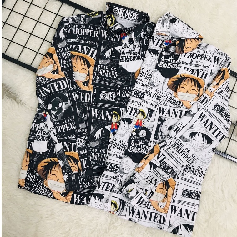 Kemeja Lengan Panjang Luffy Wanted White Anime Manga One Piece Premium Unisex