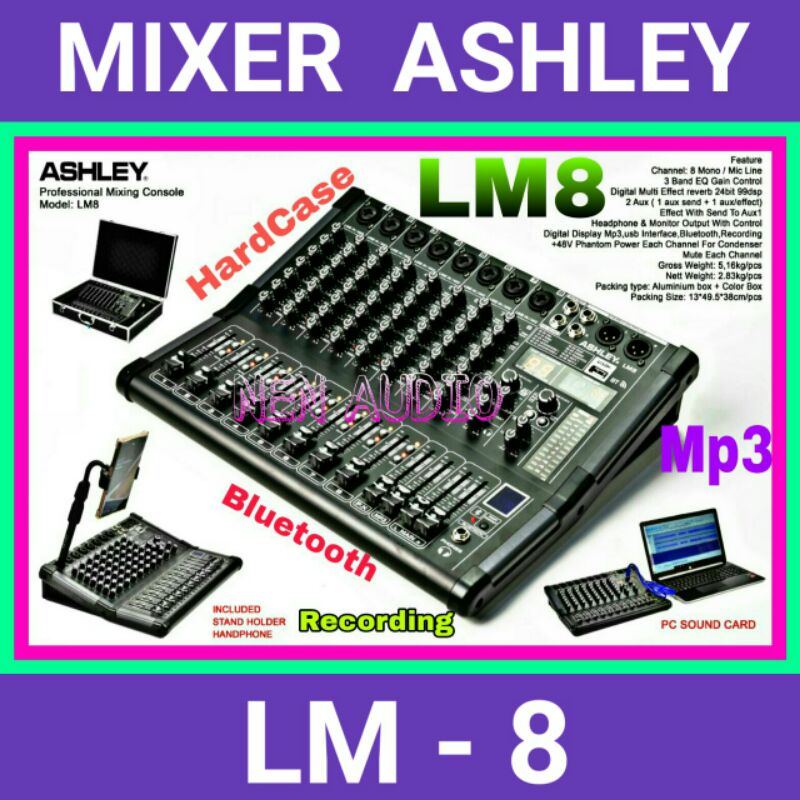 Mixer Audio Ashley LM8 Original  LM 8 8ch MP3 Bluetooth Recording pc SoundCard